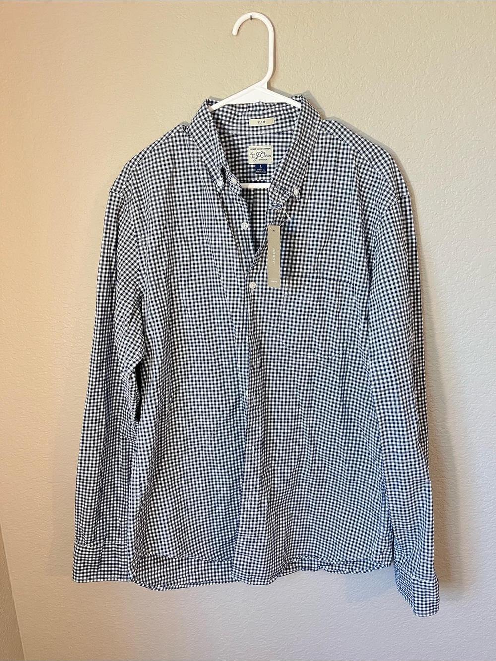 NWT J.Crew Secret Wash Stretch Gingham Slim Shirt Men’s Large Navy White